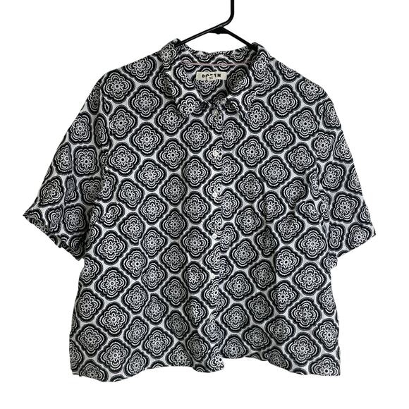 Boden Linen Shirt Womens 16-18 Black Short Sleeve Button Up Printed Boho Travel - Picture 1 of 9